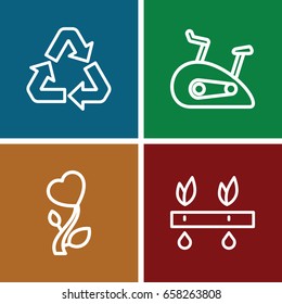 Environment icons set. set of 4 environment outline icons such as heart flower, recycle, exercise bike