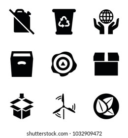 Environment icons. set of 9 editable filled environment icons such as recycle bin, box, no oil, mill, leaf, arrow up