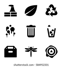 environment icons set. Set of 9 environment filled icons such as dragonfly, factory, leaf, trash bin, arrow up, recycle, blood