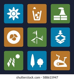 environment icons set. Set of 9 environment filled icons such as leaf, factory, trash bin, box, tree, mill, exercise bike, flower