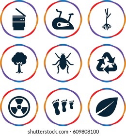 Environment icons set. set of 9 environment filled icons such as beetle, leaf, tree, sprout, trash bin, exercise bike, recycle, radiation