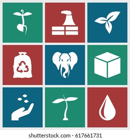 Environment icons set. set of 9 environment filled icons such as plant, hand with seeds, elephant, factory, water drop, trash bag, sprout, leaf