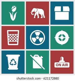 Environment icons set. set of 9 environment filled icons such as elephant, recycle bin, open air, trash bin, target, flower, radiation, no oil