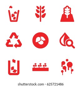 Environment icons set. set of 9 environment filled icons such as leaf, trash bin, sprout plants, drop under magnifier, plant, tree, recycle