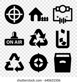Environment icons set. set of 9 environment filled icons such as trash bin, house, open air, box, recycle, target
