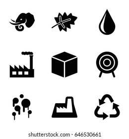 Environment icons set. set of 9 environment filled icons such as leaf, elephant, recycle, water drop, target, factory, blood