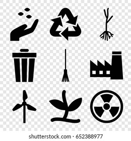 Environment icons set. set of 9 environment filled icons such as hand with seeds, factory, rake, sprout, plant, recycle, mill, radiation