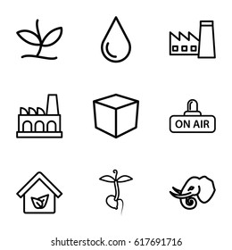 Environment icons set. set of 9 environment outline icons such as elephant, factory, water drop, sprout, open air, eco house, plant