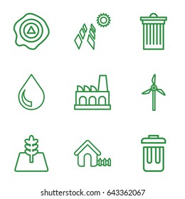 Environment icons set. set of 9 environment outline icons such as house, trash bin, arrow up, bin, tree, factory, drop, mill