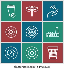 Environment icons set. set of 9 environment outline icons such as dragonfly, leaf, hand with seeds, trash bin, arrow up, factory