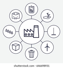 Environment icons set. set of 9 environment outline icons such as trash bin, pine tree, factory, rake, plant on hand, mill, box
