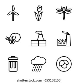 Environment icons set. set of 9 environment outline icons such as dragonfly, elephant, leaf, factory, rain, bin, flower