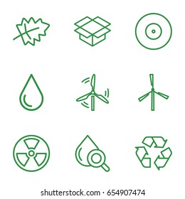 Environment icons set. set of 9 environment outline icons such as leaf, mill, water drop, drop under magnifier, recycle, box, radiation