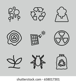 Environment icons set. set of 9 environment outline icons such as beetle, trash bag, recycle, arrow up, tree, solar panel, plant, 