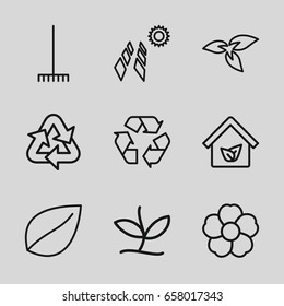 Environment icons set. set of 9 environment outline icons such as plant, leaf, rake, flower, recycle, eco house