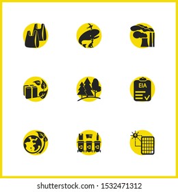 Environment icons set with air pollution, eco packaging and eia approved elements. Set of environment icons and garbage concept. Editable vector elements for logo app UI design.