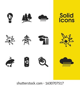 Environment icons set with air pollution, eco bulb and rechargeable batteries elements. Set of environment icons and autumn concept. Editable vector elements for logo app UI design.