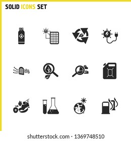 Environment icons set with air purification, explore nature and global warming elements. Set of environment icons and flammable concept. Editable vector elements for logo app UI design.