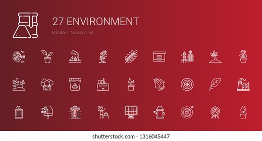 environment icons set. Collection of environment with darts, watering can, solar panel, birch, recycle bin, birdhouse, trash, target. Editable and scalable environment icons.
