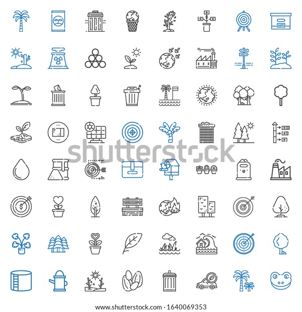 environment icons set.\
Collection of environment with frog, palm tree, electric car,\
garbage, seeds, drought, watering can, industry tank. Editable and\
scalable environment\
icons.