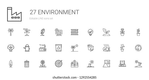 environment icons set. Collection of environment with fuel, drought, lake, target, windmill, garbage, tree, tsunami, bird house, palm tree. Editable and scalable environment icons.