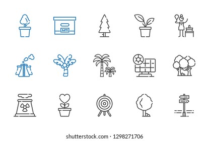 environment icons set. Collection of environment with panels, tree, target, growth, nuclear plant, forest, solar panel, palm tree, pollution. Editable and scalable environment icons.