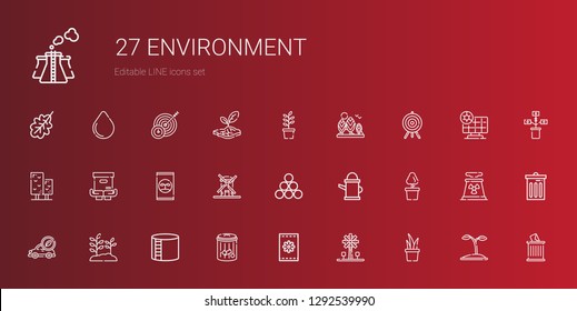 environment icons set. Collection of environment with plant, windmill, seeds, trash, industry tank, electric car, watering can, industry. Editable and scalable environment icons.