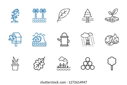 environment icons set. Collection of environment with tree, industry, lawn, oak leaf, plant, global warming, acid rain, watering can. Editable and scalable environment icons.