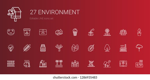 environment icons set. Collection of environment with tree, windmill, cold water, palm tree, factory, global warming, box, oak leaf, seeds. Editable and scalable environment icons.