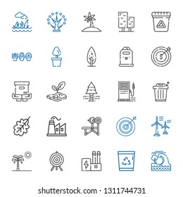 environment icons set. Collection of environment with tsunami, recycle bin, industry, target, palm tree, wind turbine, darts, bench, factory. Editable and scalable environment icons.