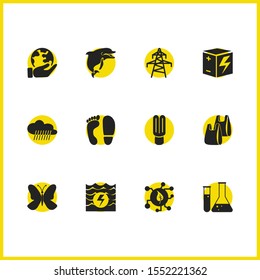 Environment icons set with dolphin, plastic bags and electrical energy towers elements. Set of environment icons and power concept. Editable vector elements for logo app UI design.