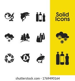 Environment icons set with dolphin, snow and geoscience elements. Set of environment icons and winter concept. Editable vector elements for logo app UI design.