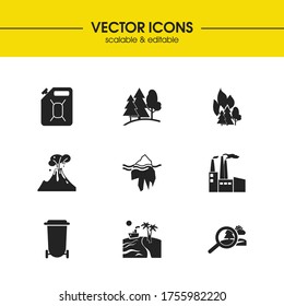 Environment icons set with factory, iceberg and forest elements. Set of environment icons and nature concept. Editable vector elements for logo app UI design.