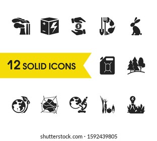Environment icons set with forest, power from plants and rabbit elements. Set of environment icons and factory concept. Editable vector elements for logo app UI design.