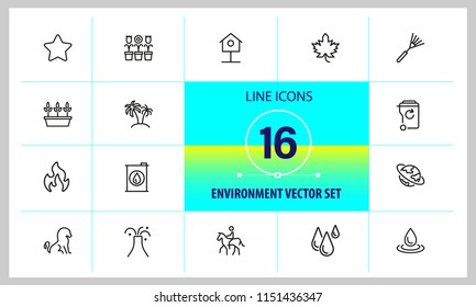 Environment icons. Set of  line icons. Star, palm, volcano. Nature concept. Vector illustration can be used for topics like ecology, ecosystem