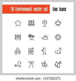 Environment icons. Set of  line icons. Star, palm, volcano. Nature concept. Vector illustration can be used for topics like ecology, ecosystem