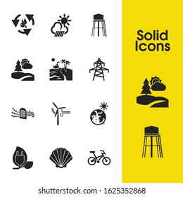Environment icons set with nature, seashell, sea landscape elements. Set of environment icons and environment concept. Editable vector elements for logo app UI design.
