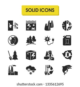 Environment icons set with plastic bags, solar energy power and snow elements. Set of environment icons and sustainable concept. Editable vector elements for logo app UI design.