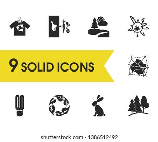 Environment icons set with rabbit, forest and go vegan elements. Set of environment icons and bunny concept. Editable vector elements for logo app UI design.