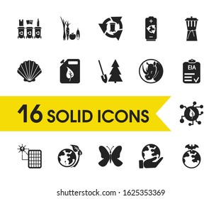 Environment icons set with rare animal, vegetables and care about world elements. Set of environment icons and checked file concept. Editable vector elements for logo app UI design.