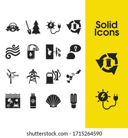Environment icons set with seashell, afforestation and environmental solutions elements. Set of environment icons and fuel concept. Editable vector elements for logo app UI design.