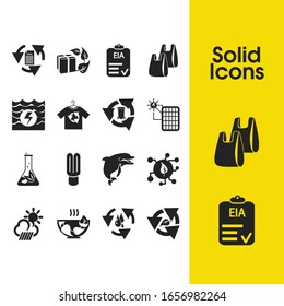 Environment icons set with solar power, fluorescent lightbulb and water cycle elements. Set of environment icons and recycle page concept. Editable vector elements for logo app UI design.