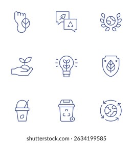 Ícones de ambiente definidos. Estilo de linha fina, curso editável. sustentável, inovação, lixeira de reciclagem, terra, proteção do ambiente, economia circular, pegada de carbono, embalagem ecológica