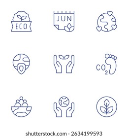 Environment icons set. Thin Line style, editable stroke. love, carbon footprint, non toxic, eco, world environment day, environment protection, community, protect.