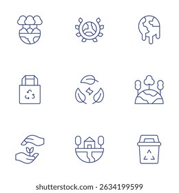 Environment icons set. Thin Line style, editable stroke. ecology, sustainability, green planet, tote bag, earth, recycling bin, growth, earth day, global warming.