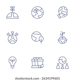 Environment icons set. Thin Line style, editable stroke. ecology, globe, hand, earth day, sprout, eco light, recycling container, social science.