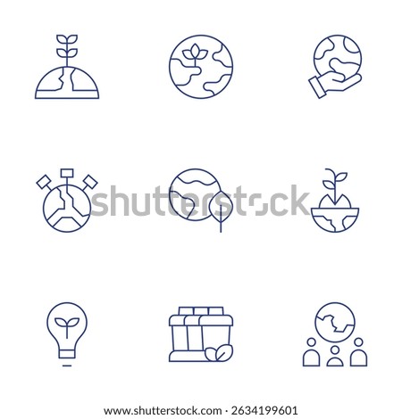 Environment icons set. Thin Line style, editable stroke. ecology, globe, hand, earth day, sprout, eco light, recycling container, social science.