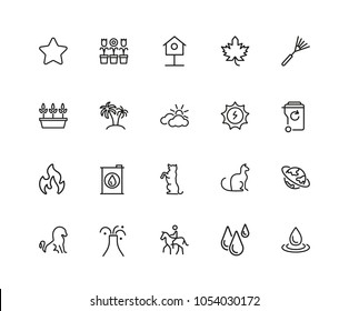 Environment icons. Set of twenty line icons. Star, palm, volcano. Nature concept. Vector illustration can be used for topics like ecology, ecosystem