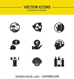 Environment icons set with waste separation, plastic bottles and energy saving elements. Set of environment icons and trash sorting concept. Editable vector elements for logo app UI design.