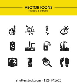 Environment icons set with weather, rechargeable batteries and power of nature elements. Set of environment icons and footstep concept. Editable vector elements for logo app UI design.